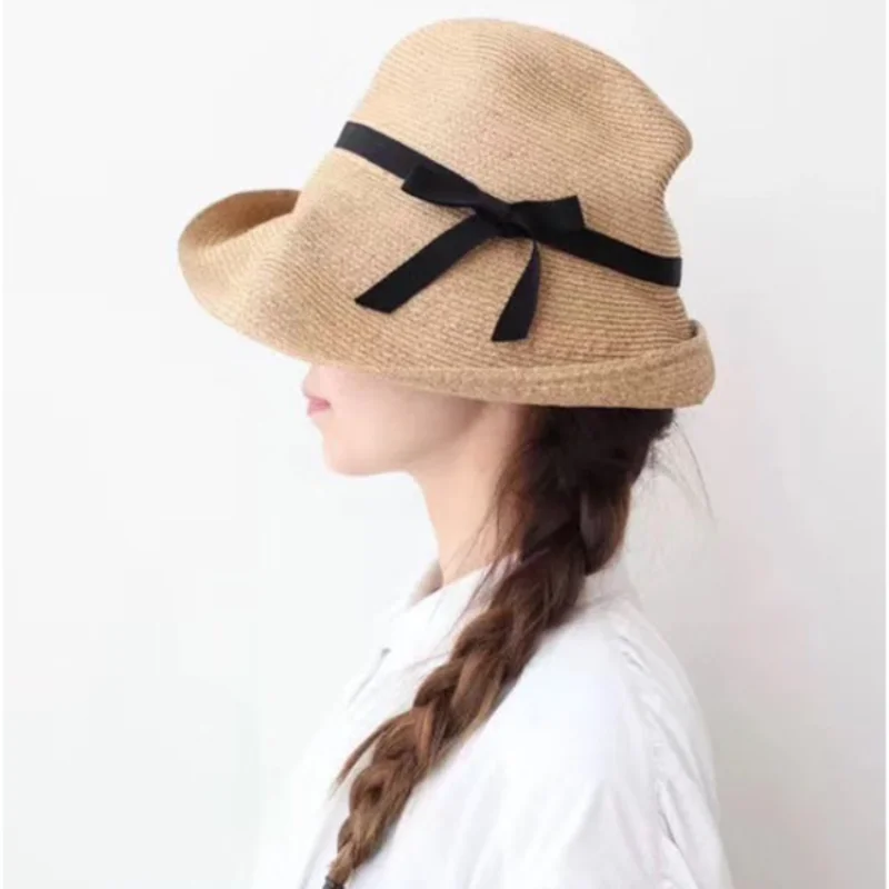 Elegant Curled-brim Paper Straw Sun Hat For Women Black Bow Ribbon Panama Fedora Hat For Summer Beach Vacations Japanese Sun Hat