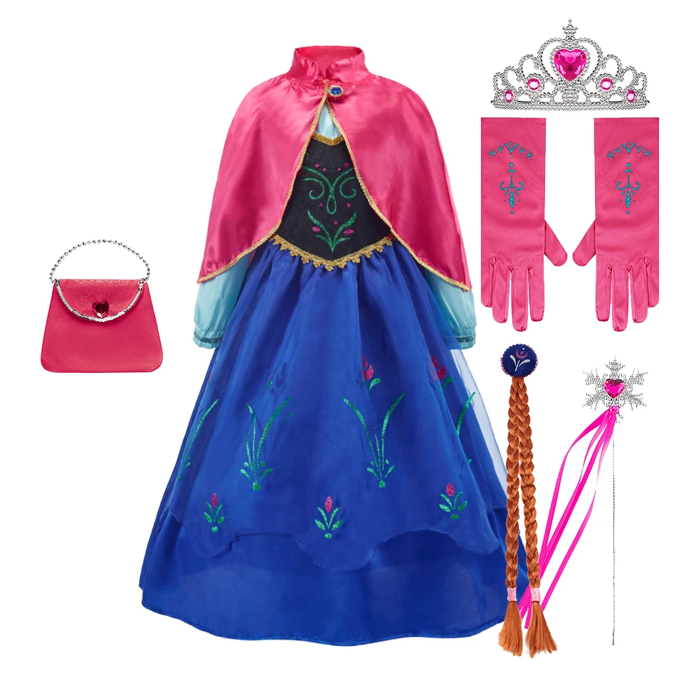Girls Princess Dress Cosplay Costume Kids Fairytale Party Halloween Fancy Dress with Cloak Crown Wand Role Play Clothing Set