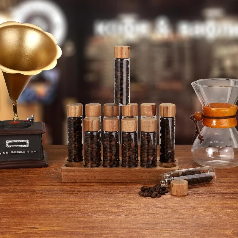 

Food-grade Coffee Bean Storage Tubes Glass Sealed Jar with Wooden Stand, Funnel Dosing Glass Vials with Lids for Tea, Spices