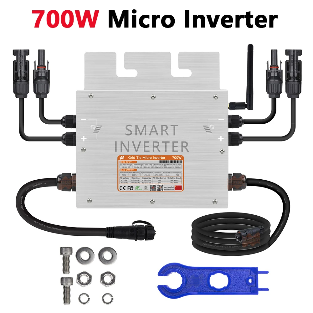 

MPPT 700W Grid Tie Solar Inverter 18-50VDC Pure Sine Wave Smart Microinverter For 2*200W~350W PV Solar Panel Optional WiFi IP65