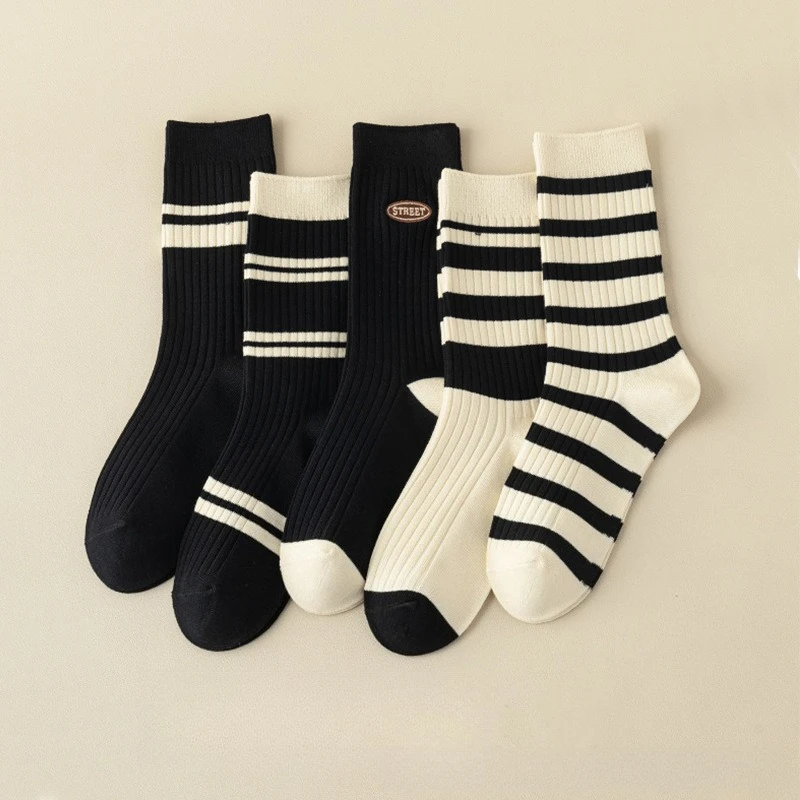 

5 Pairs Mid-calf Cotton Thick Knit Socks Casual Fall Winter Stripes Thermal Socks Fashion Warm School Socks for Girls Wholesale