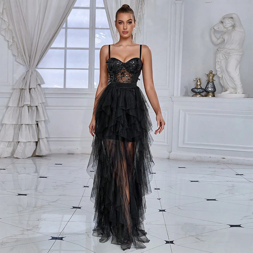 Women Sexy Mesh Cocktail Party Dress Luxurious Spaghetti Strap V Neck Corset Sequins Gala Guest Evening Dress Long Ruffle Dress