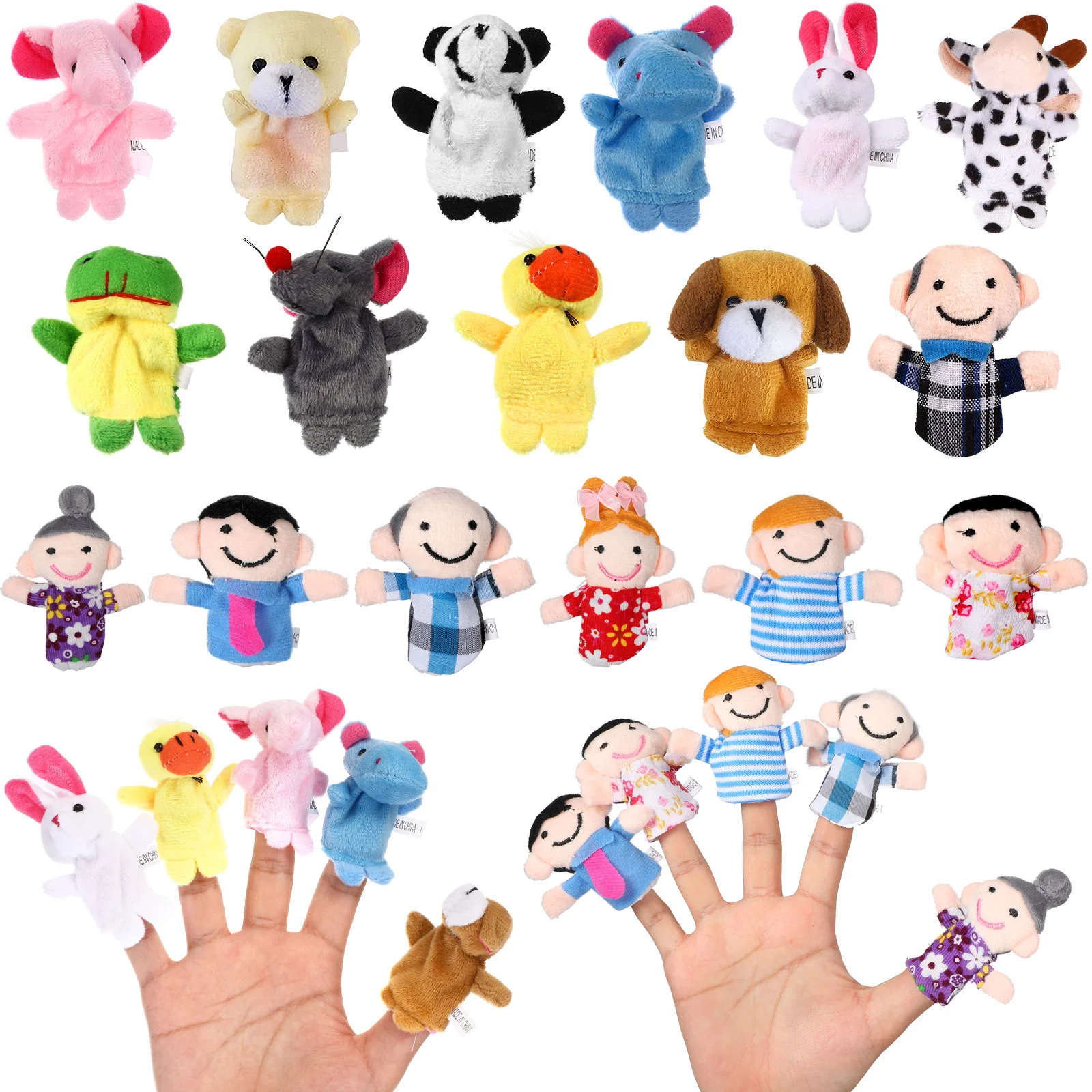 16 pezzi di burattini da dito in peluche set animali membri della famiglia giocattoli per bambini storia tempo di gioco (modello casuale)