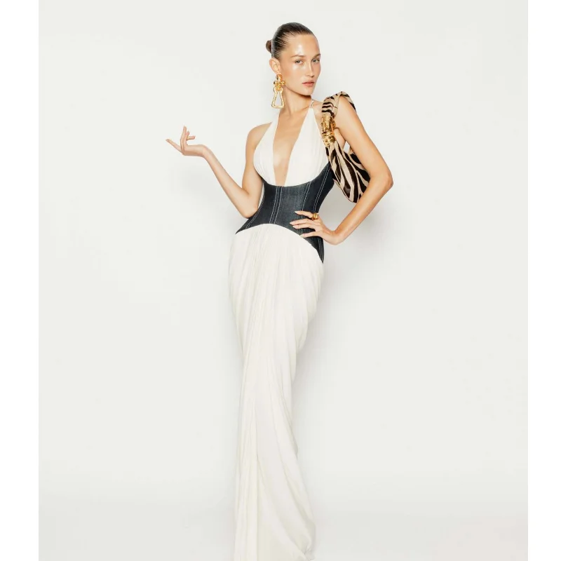 

Denim Waistband Patchwork Sexy V-Neck Halter Mermaid Floor Length Dress Fashion Woman Party Dress Holiday Vocation Outfit
