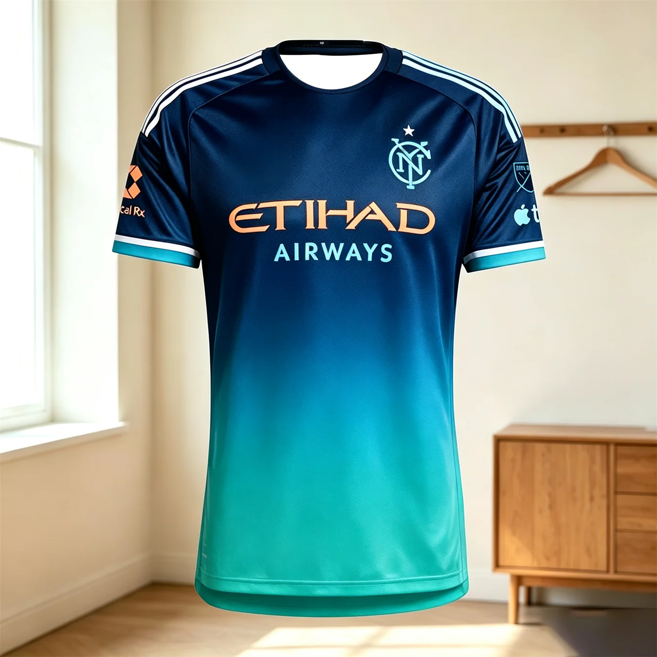 Herren NYCFC Schwarzes Auswärtstrikot mit Etihad Airways Aufdruck, Schnelltrocknend, Kurzarm, Rundhals, Fußball-Fan-Trainings-Sportshirt
