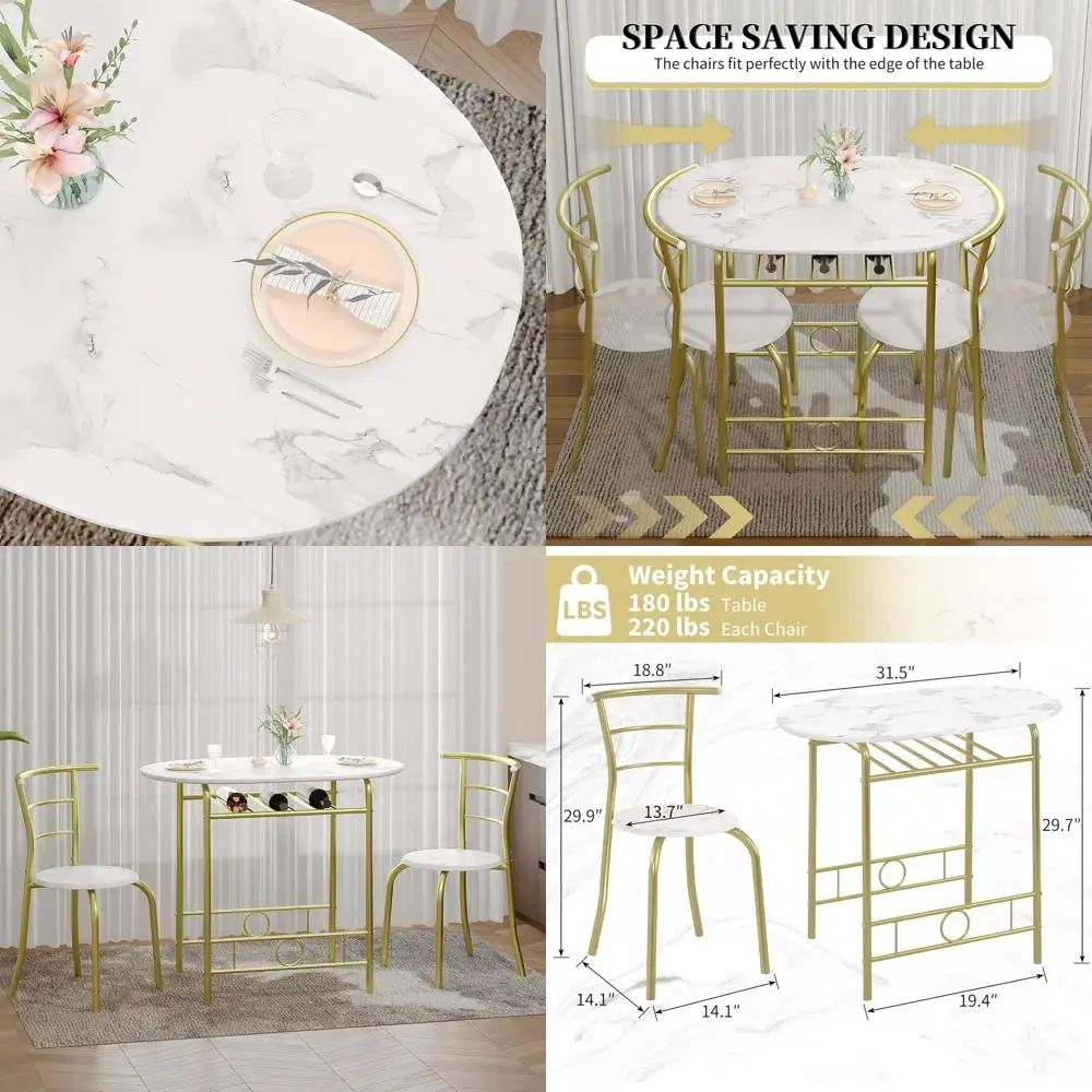

Oval Wood-Grain Breakfast Nook Set with Metal Frame and Built-In Wine Rack, White & Gold, Perfect for Small Spaces