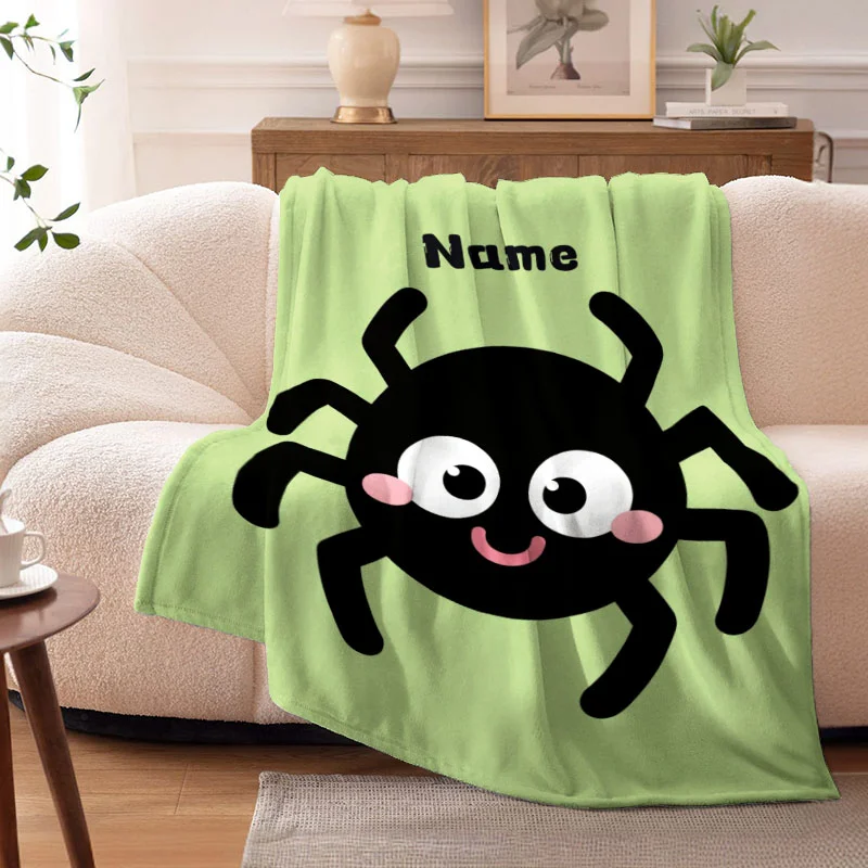 Custom name cute spider fleece blanket, suitable for sofa, bed, Halloween, birthday, children's gifts.