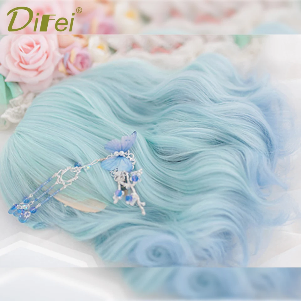 Mint Macaroon Short Curly Synthetic Wig Female Fluffy Cute Lolita Blue-purple Gradient Short curly Christmas Cosplay Party Wig