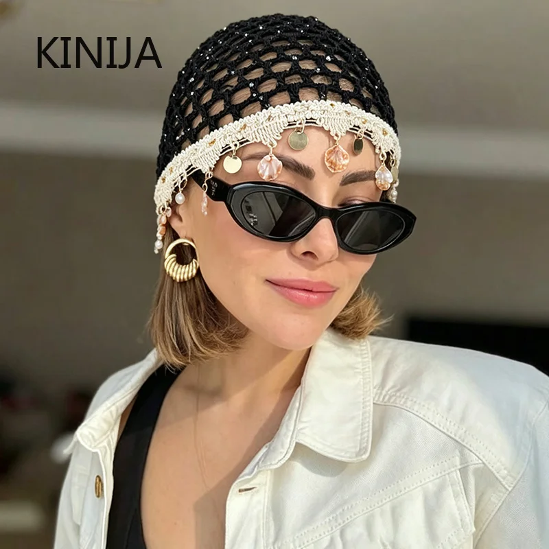 1 Stück Bohemian Muschel-Pailletten Kopfbedeckung Ausgehöhlte Häkelmütze Strickmütze Damen Reise Vielseitige Look Pullover-Mütze Mädchen Geschenk