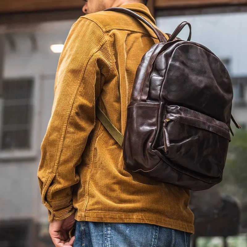 PNDME Fashion Vintage High-quality Genuine Leather Men's Backpacks Outdoor Travel Designer Luxury Real Cowhide Laptop Bagpack