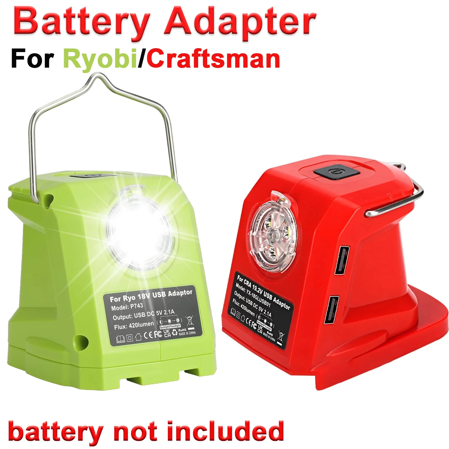 

Battery Adapter for Ryobi/Craftsman – Dual USB Charging, 420LM LED Work Light with Hook, Portable Camping Outdoor Lamp