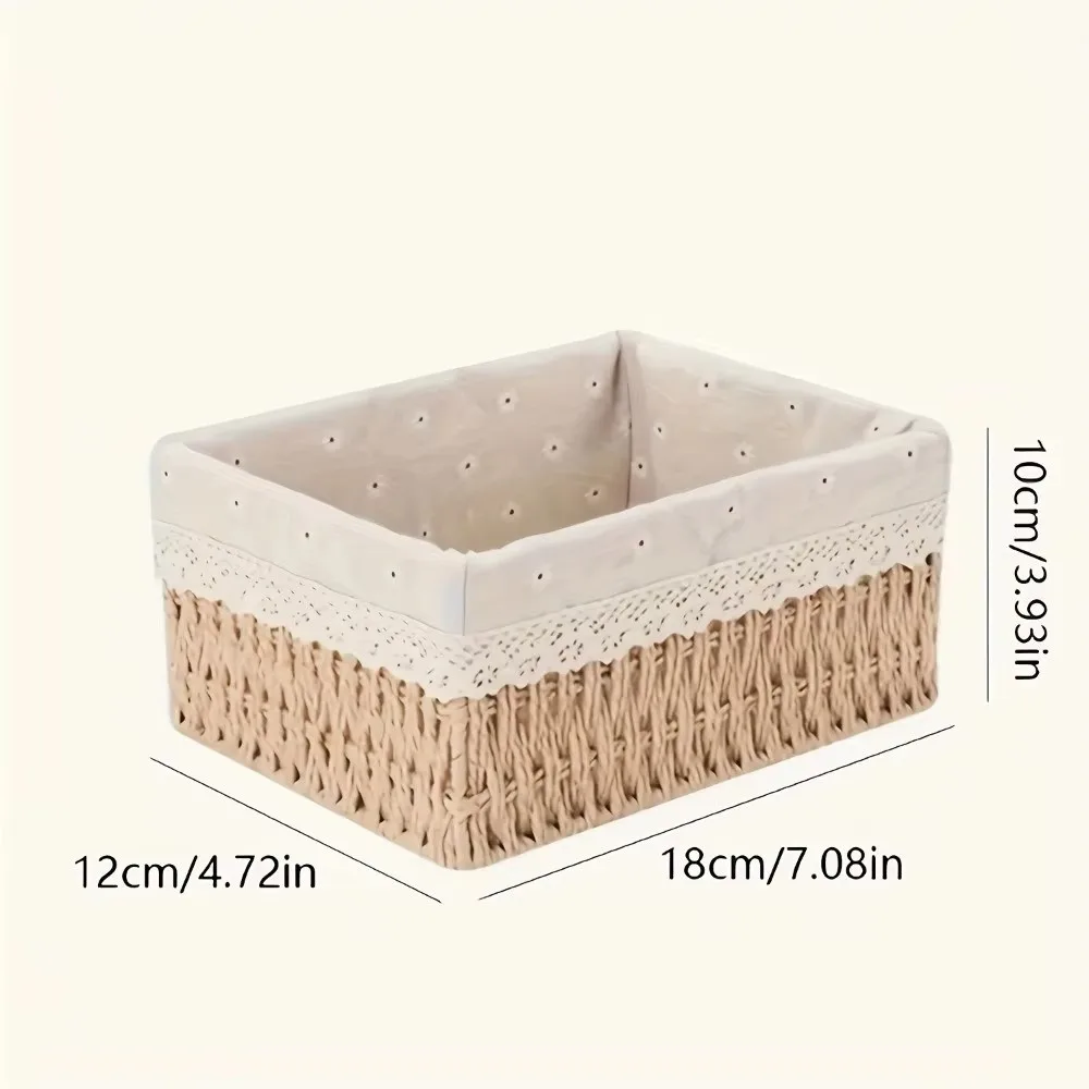 With Removable Lace Lining Woven Storage Basket Rectangle Shape Large Capacity Desktop Sundries Organizer Multifunctional