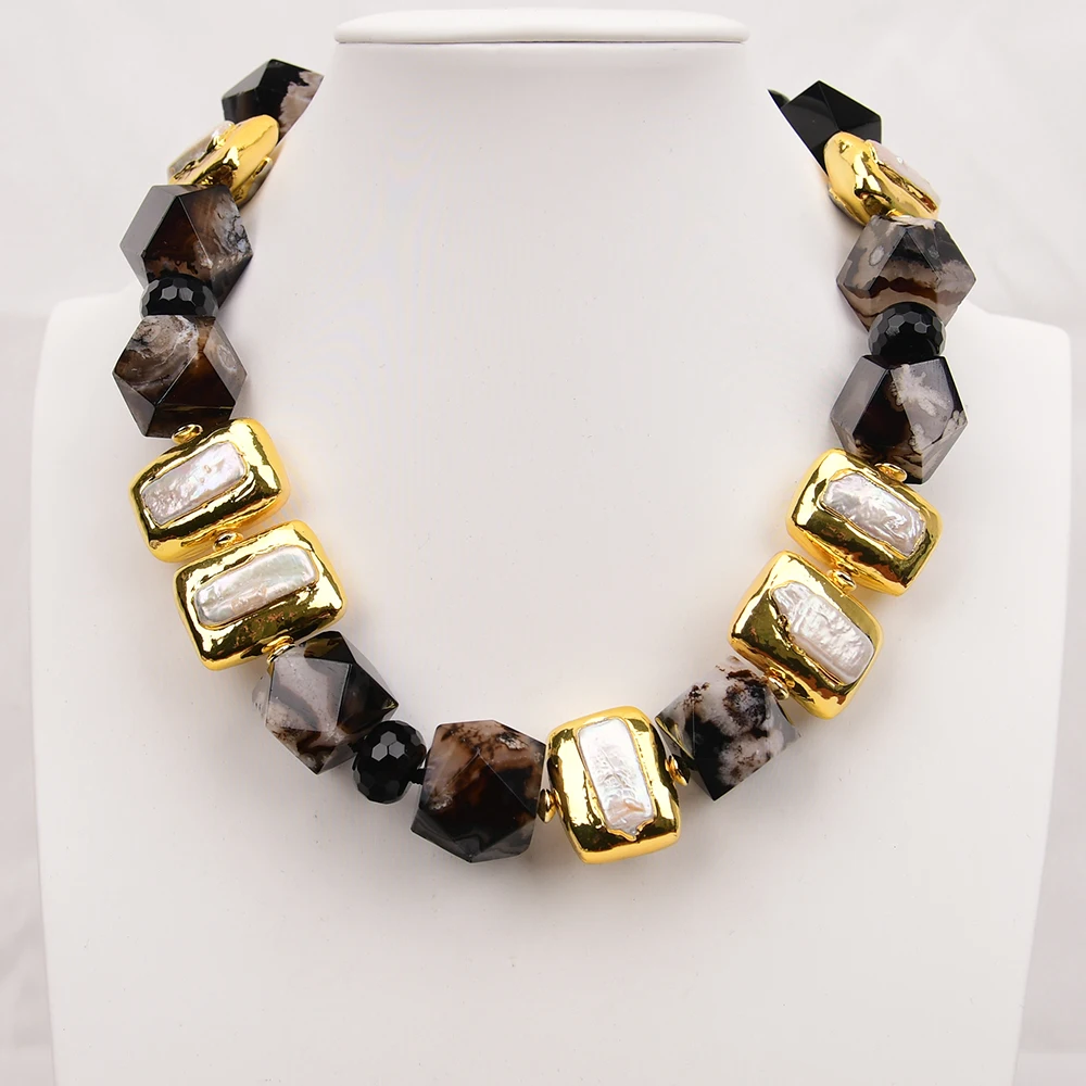 

G-G 18'' Natural Mix Black Sakura Quartz Blossom Cherry Agate Gold Edged White Pearl Necklace For Lady