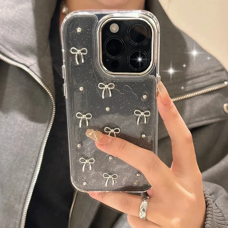 Y2K Korea Glitter 3D Silver Bowknot Etui na telefon do iPhone 16e 15 14 13 12 11 Pro Max 7 8 Plus X XS Epoxy Shell Girl Clear Cover