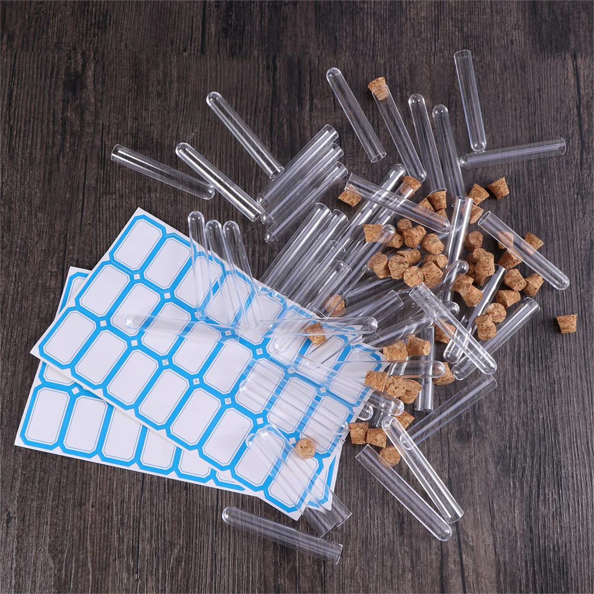 

100pcs 12x75cm Plastic Clear Test Tubes with Cork Stoppers and Brush for Scientific Experiments Powder Liquid Storage (100pcs