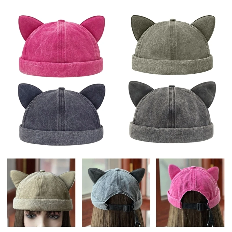 Y2K Style Solid Color Beanie Hat Breathable Multiple Color Lovely Cat Ear Decor without Brim Beanie Hat Summer Beanie Cap Unisex