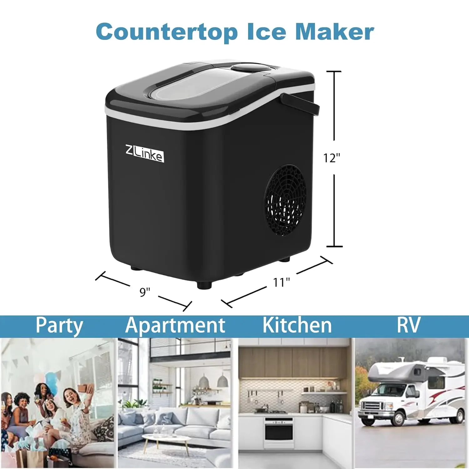 Eficiente Countertop Ice Maker, 9 Cubos de Gelo, Produzindo em apenas 6 minutos, Máquina Self-Cleaning, 26.5lbs/24Hrs Capacidade