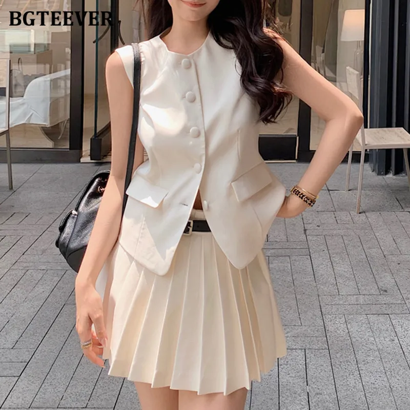 BGTEEVER Elegant Two Pieces Skirt Set  for Women Single-breasted Sleeveless Vests & Pleated Mini Skirts Ladies Skirt Suits