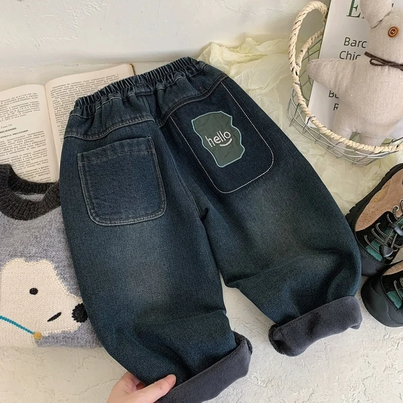 

Boys' Warm Fleece-Lined Thick Denim Pants for Autumn and Winter 2025 High-Quality Teenage School Clothing Kids' Trousers 2-10Y