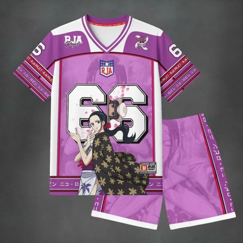 

Men's Nico Robin Cherry Blossom Floral Jersey Set One Piece Anime Short Sleeve Tee and #66 Shorts V-neck Streetwear