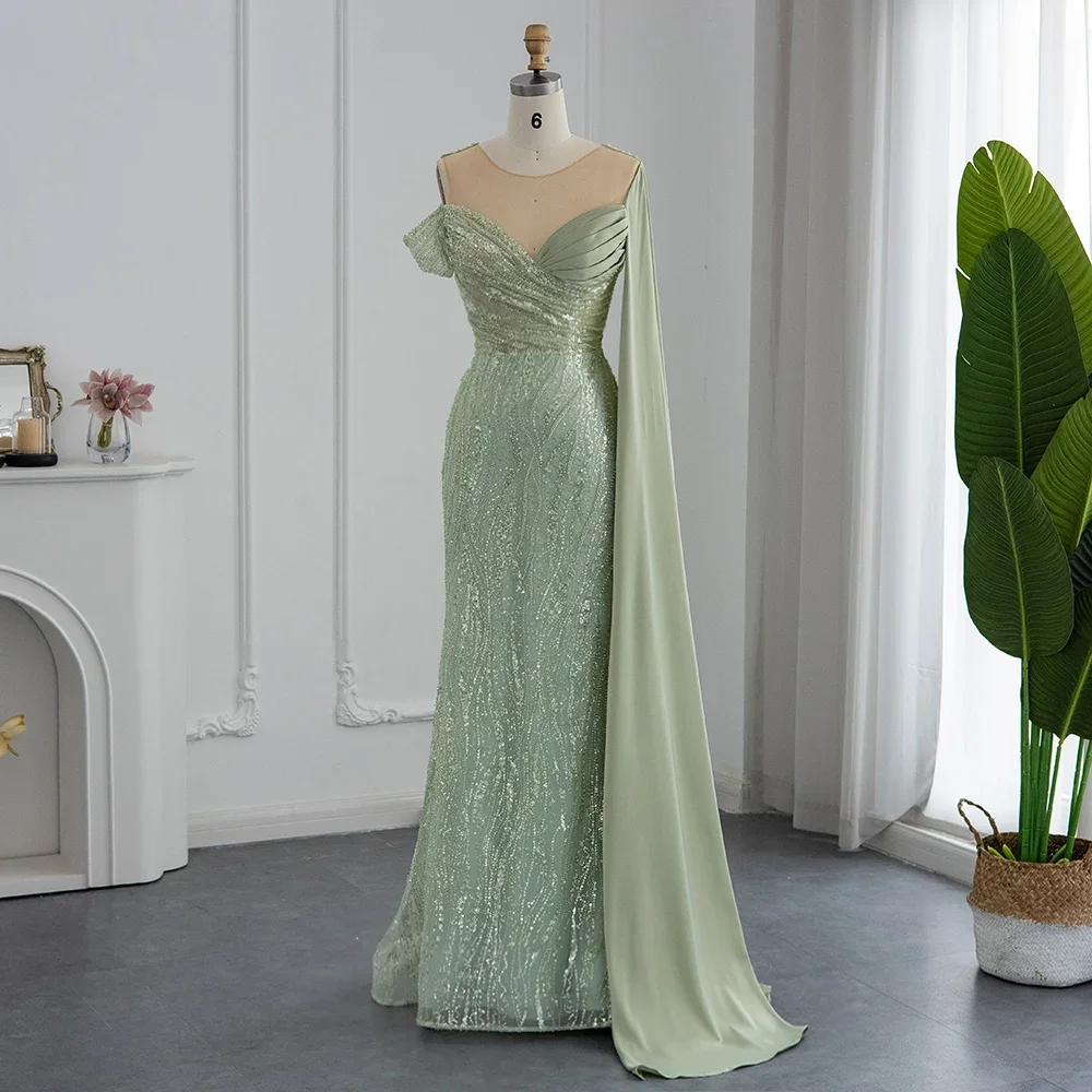 2024 Green Mermaid Luxury New Evening Dress With Cape Sleeve Formal Prom Dress Sweetheart Elegant One Shoulder Dubai Party Gowns