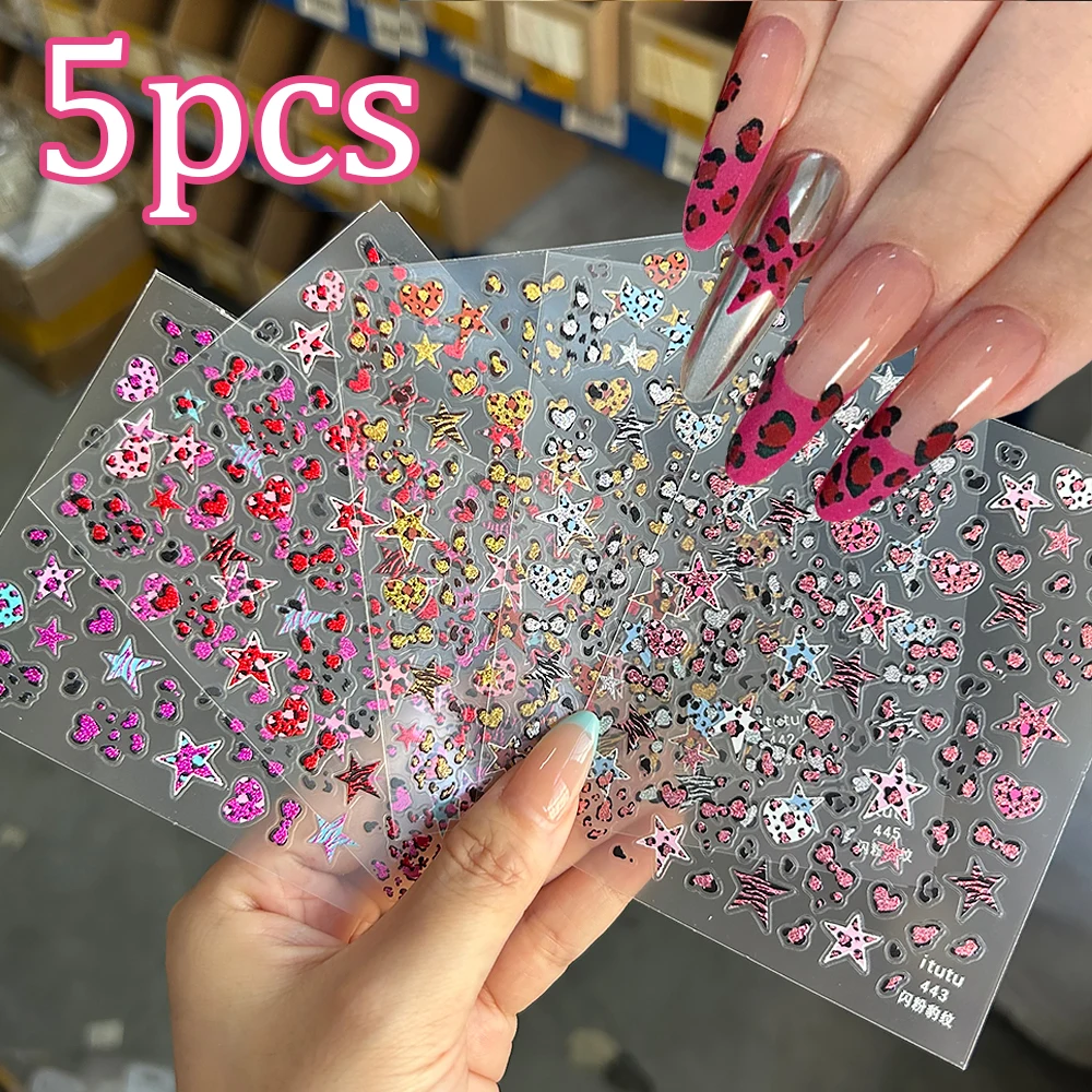 5 pçs colorido glitter leopardo impressão arte do prego adesivos estrela coração leopardo ponto rosa vermelho marrom decalques de unhas adesivo sexy sliders