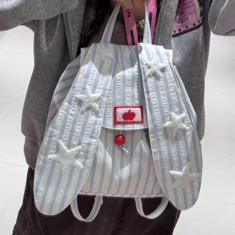 Rabbit Ear Striped Backpacks Korean Y2K Backpacks Sweet Playful Travel Zipper Canvas High Capacity Student 14 Inches Bag New