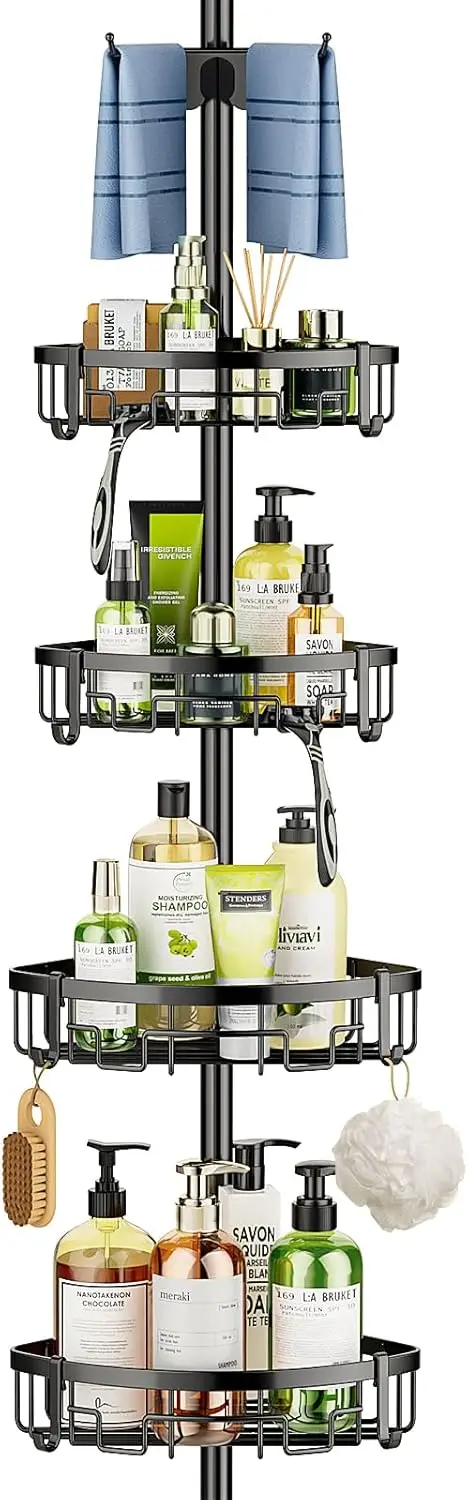 Corner Shower Caddy Tension Pole - 62-115 INCH - 4-Tier Rustproof Bathroom Organizer Shelves, Adjustable Bathtub Tub Shampoo