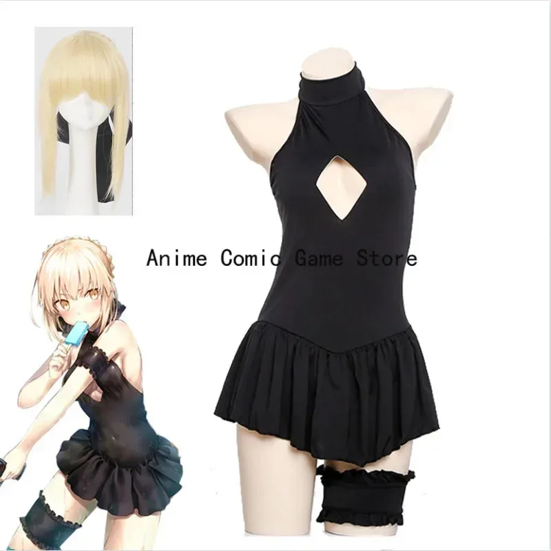 

In Stock Anime FGO Sexy Alter Saber Cosplay Costume Wig Fate Grand Order Swimsuit Women Fate Stay Niight Black Sukumizu Swimwear