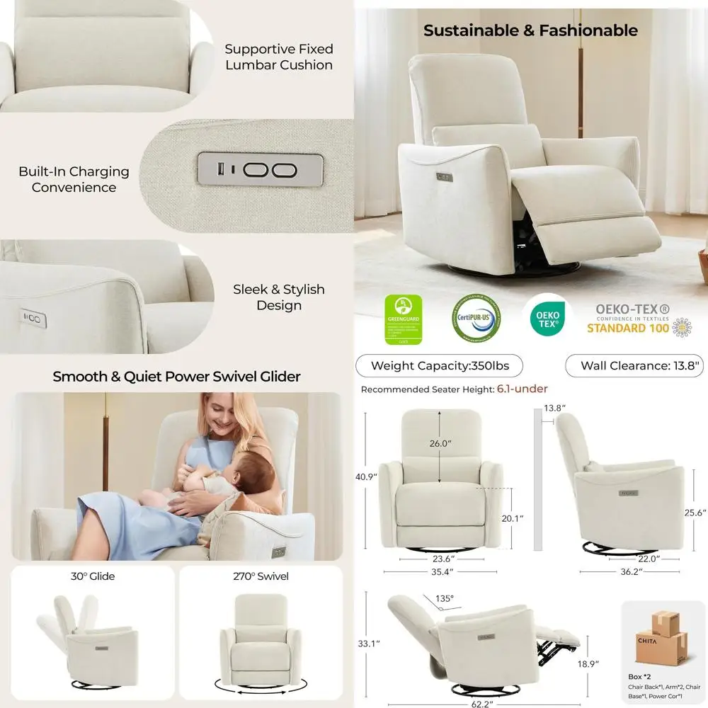 

Extra-Large Swivel Glider Recliner for Living Room with Lumbar Support, Linen Upholstery, Suitable for Nursery