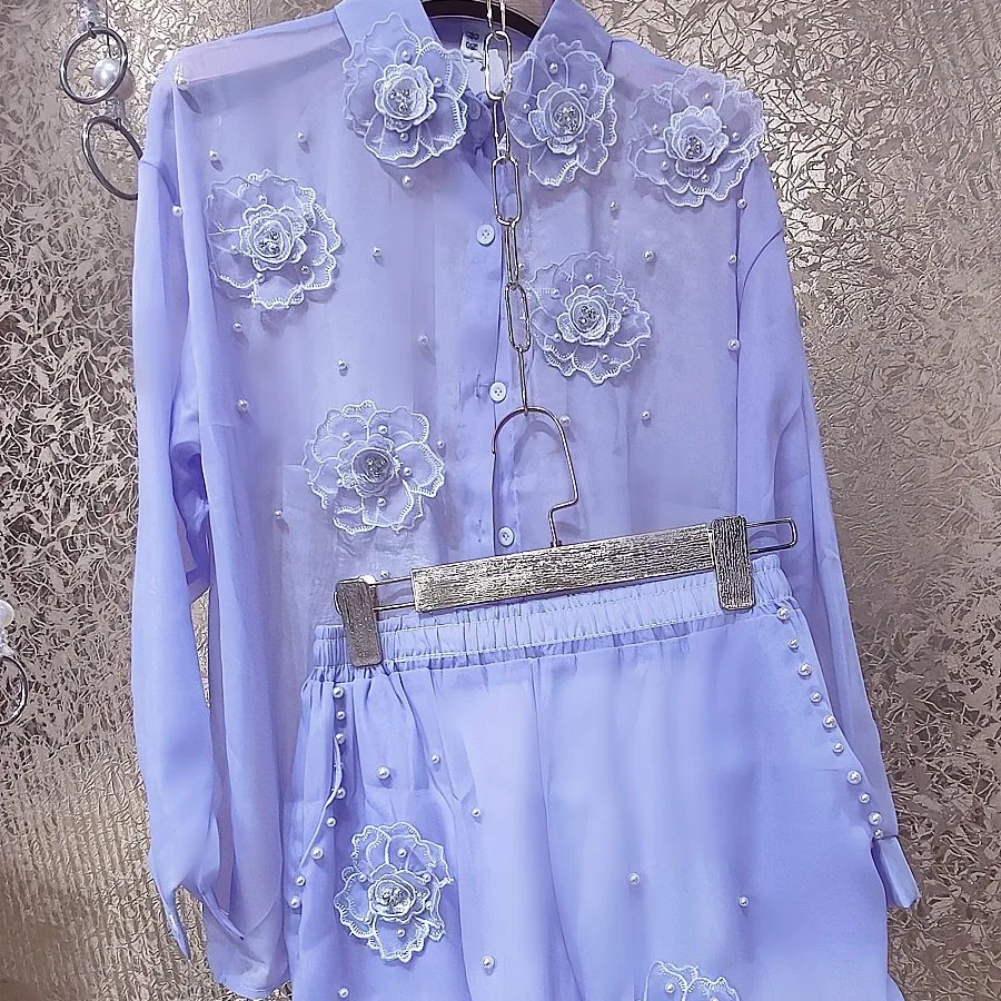 Luxury Pearls Beaded 3D Flowers Silk Yarn Shirts Purple Floral Embroidery Chiffon Blouses Cardigan Tops+Straight Shorts 2pcs Set