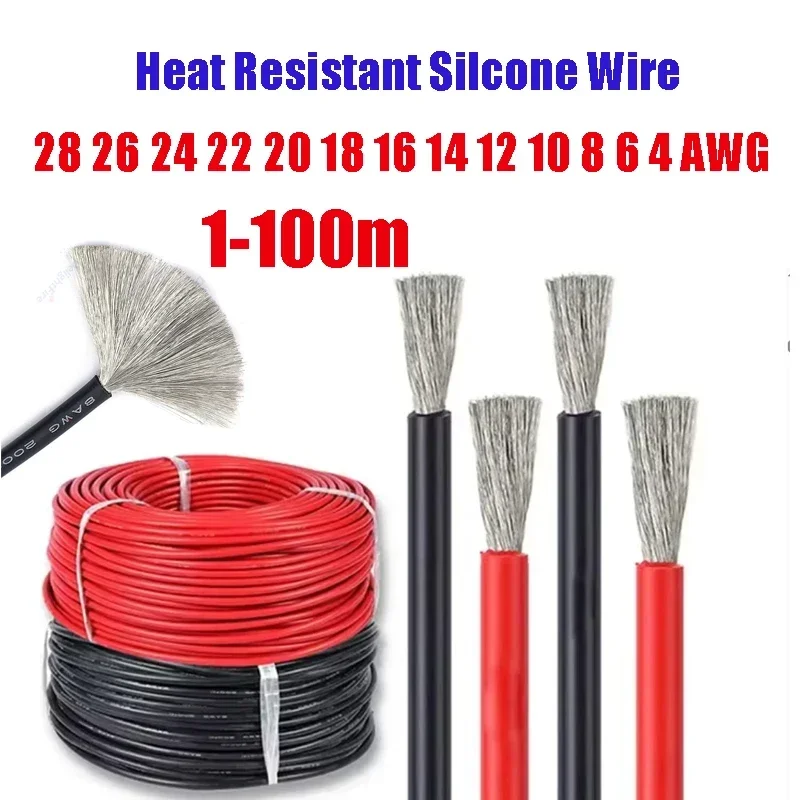 Solar Panel Electrical Wire 4 6 8 10 12 14 16 18 20 AWG Red Black Heat Resistant Silicone Wires for Car Auto Battery LED Light