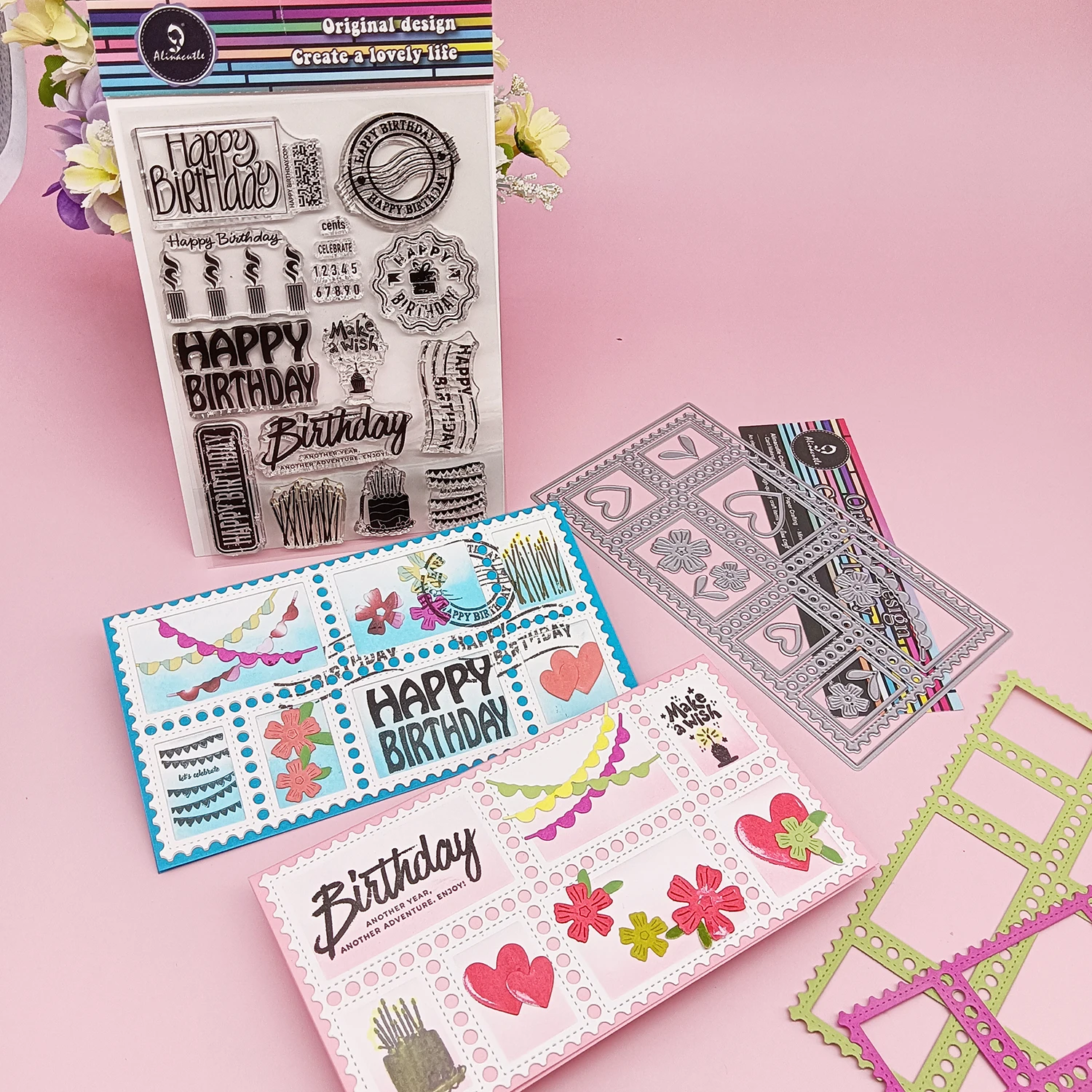 1 Stück Geburtstags-Hintergrund, transparenter Stempel und 1 Stück Porto, schlanker rechteckiger Rahmen, Metallschneiden, gestanzt, für Scrapbooking, Geschenk, Papierhandwerk