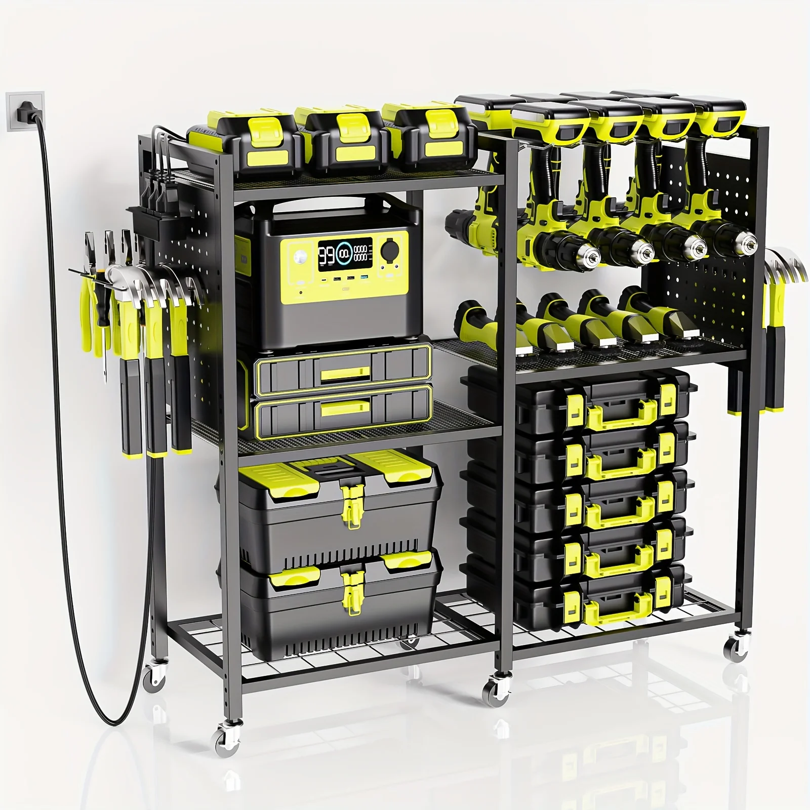 Power Tool Organizer Featuring a Charging Station, a Mobile Tool Cart Equipped with 12 Drill Holders, 5 Storage Shelves
