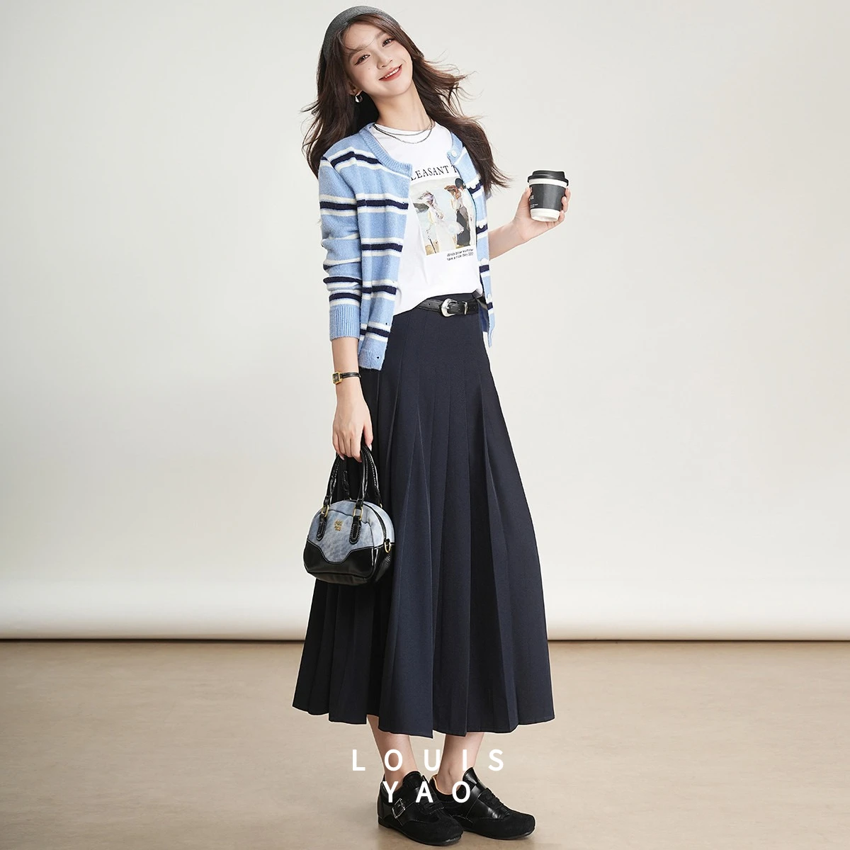 LOUISYAO Simple Embroidered Pleated Skirt 2025 Autumn Women Elegant Solid Color Textured A Line Midi Long Skirt