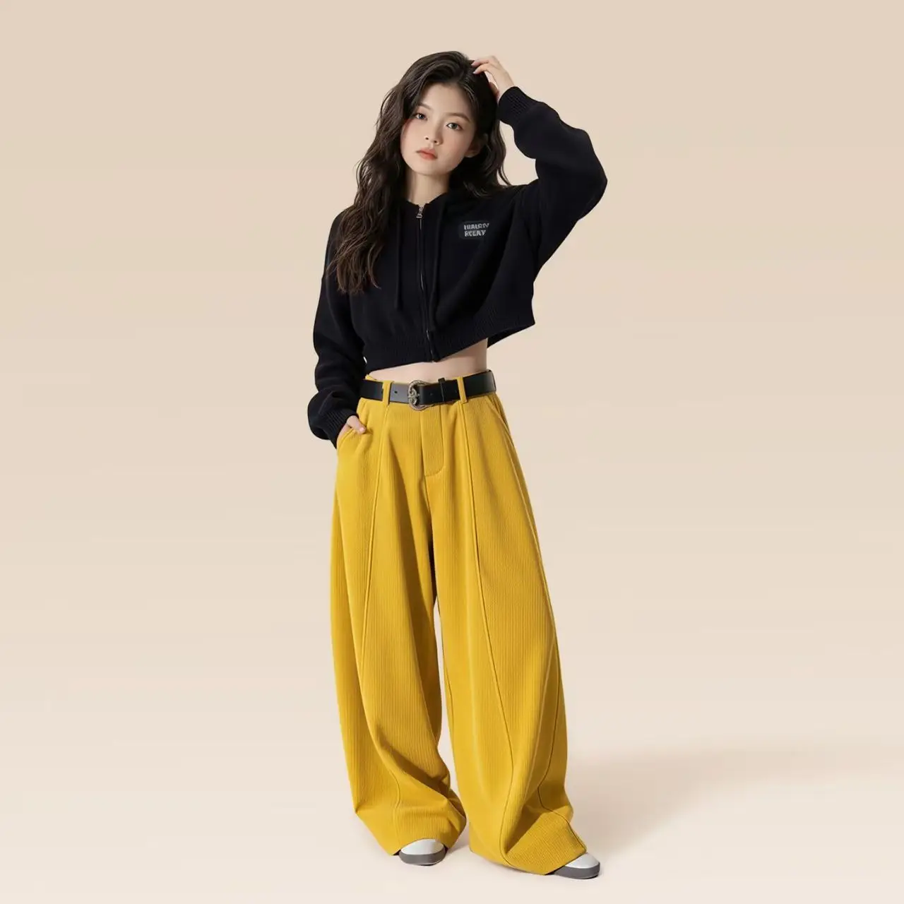 

Girls' Set 2026 Spring New Large Children's Hooded Fashionable Top Girls' High End Lazy Style Bending Knife Pants Two Piece Set