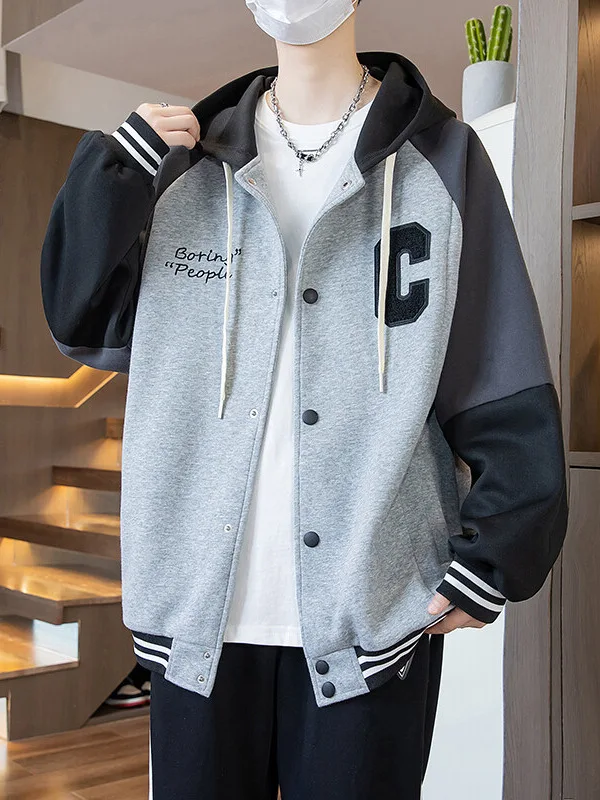

New Spring Autumn Hooded Baseball Jaet for Men Casual Youth Outerwear Antibacterial Loose Fit Long Sve Single Button Clo...