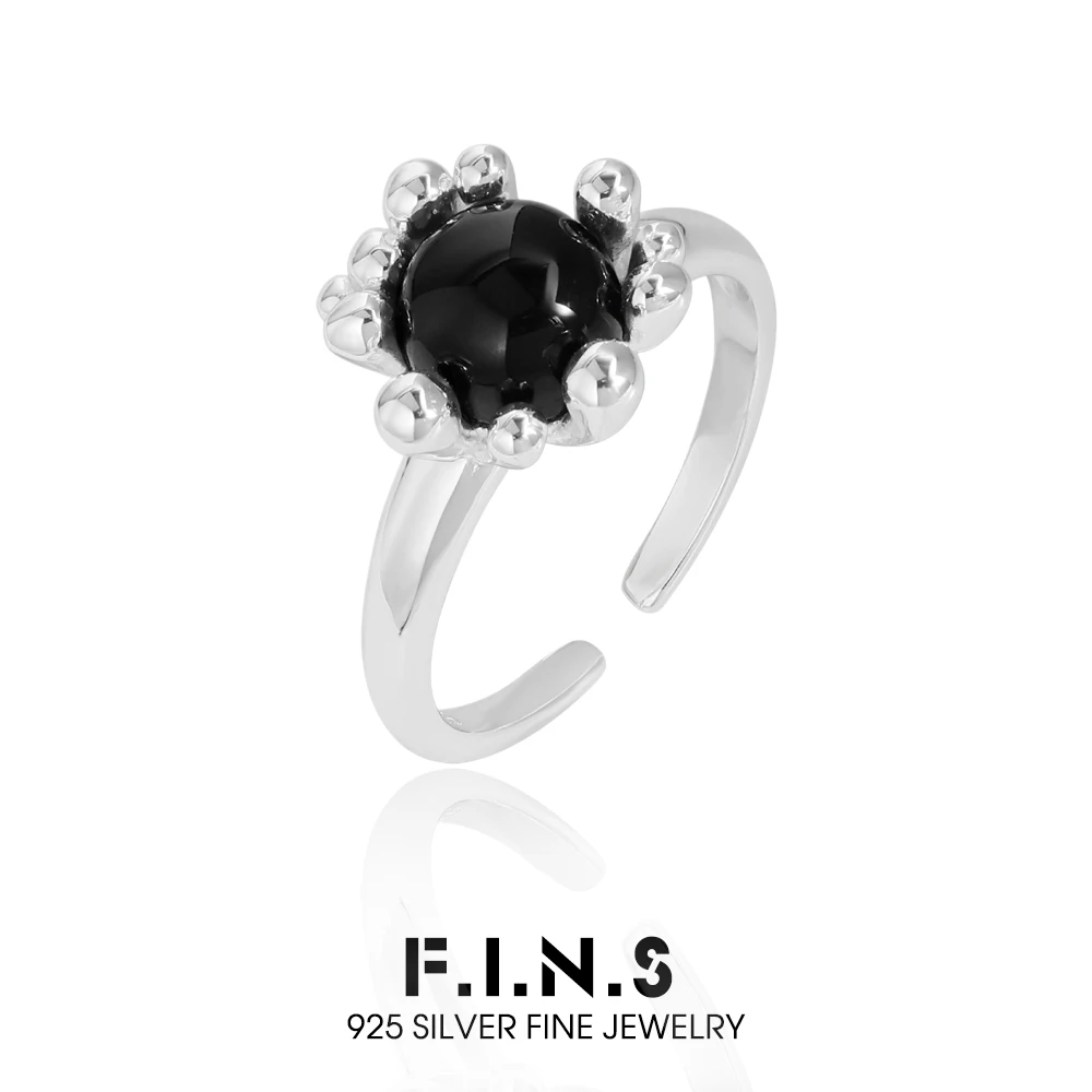

F.I.N.S Original Design Black Agate S925 Sterling Silver Open Ring for Women Simple Round Onyx Adjustable Fine Jewelry Accessory