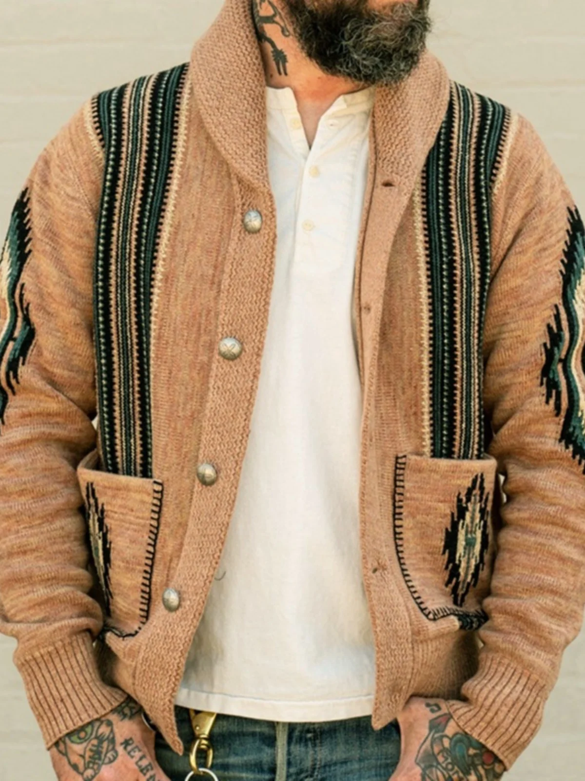 

Мужской винтажный кардиган с отложным воротником, вязаный жаккардовый свитер с длинными рукавами, повседневный, весенне-осенний, модный, прямого кроя, с открытыми рукавами