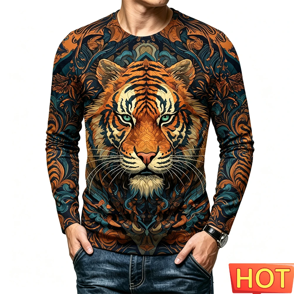 Funny 3D Tiger Print Men's T-shirt Casual Loose Long-sleeved Tops Street Hip Hop y2k Clothes Fashion Animal Pattern Pullover Tee