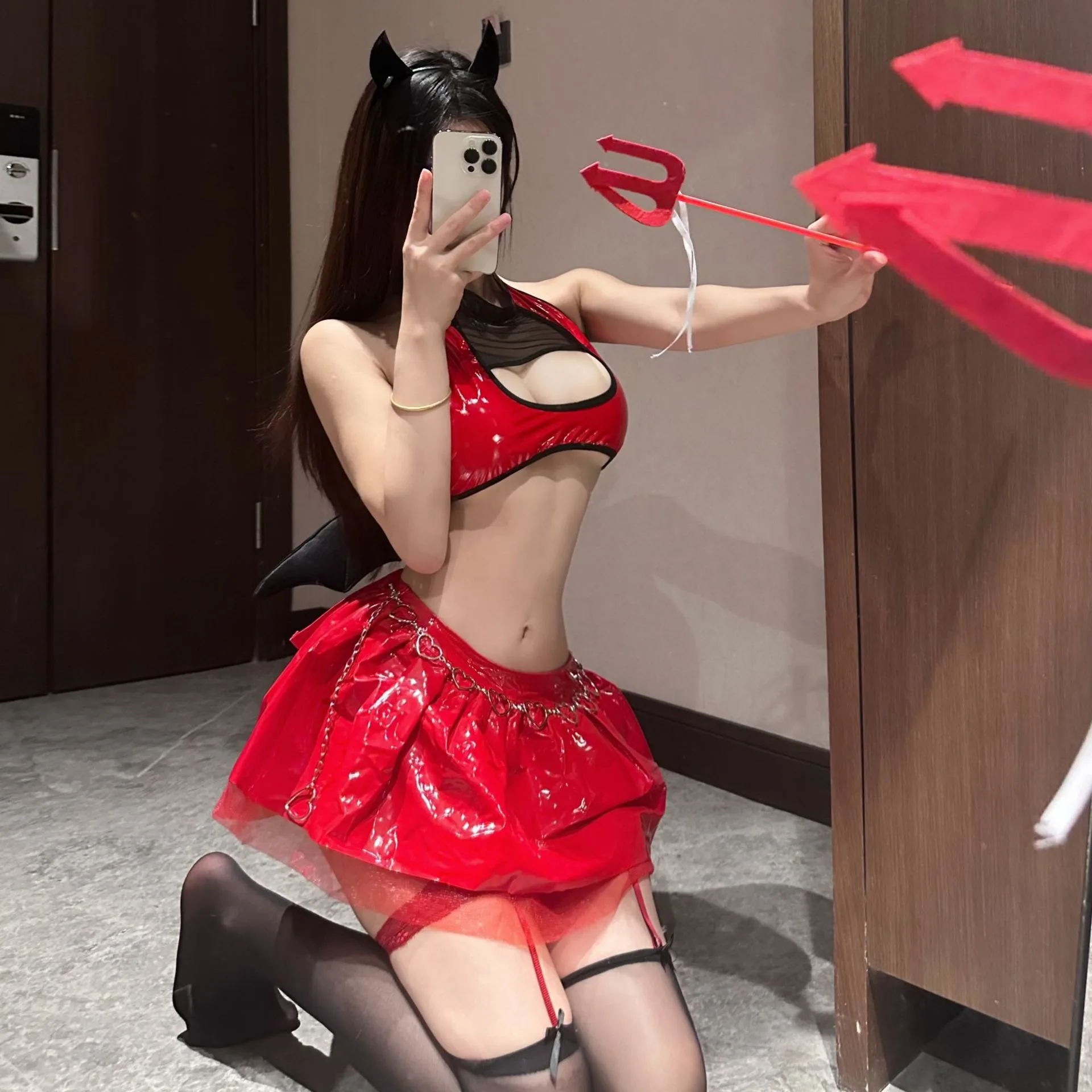Sexy PU Leer Halter Halsbandjes Duivel Korte Mini Jurk Vrouwen Sexy Lingerie Halloween Cosplay Punk Gothic Kostuum voor Vrouwen