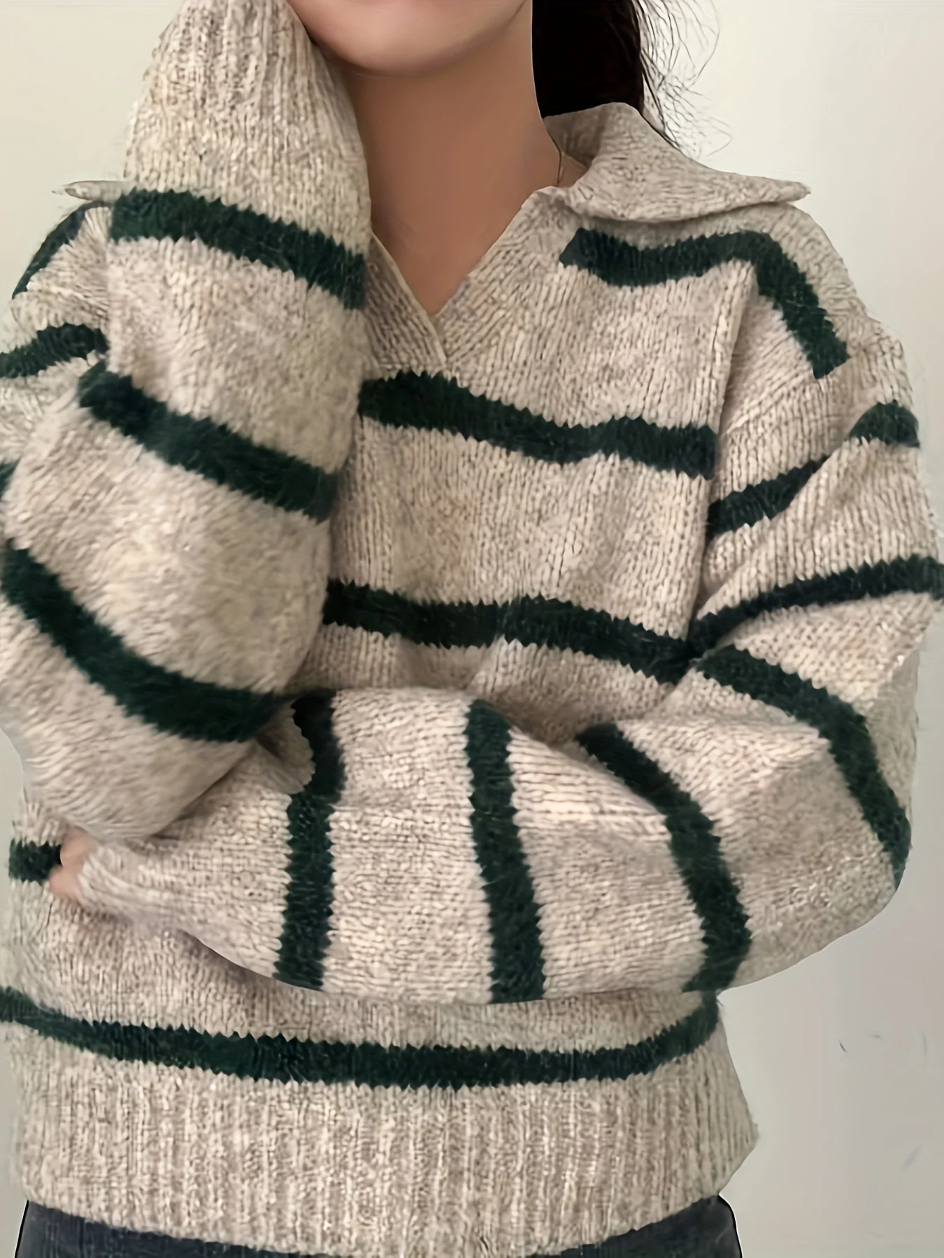 

Lapel Striped Elegant Long-Sleeved Loose Cow Velvet Chunky Casual Women'S Sweater, Special Price