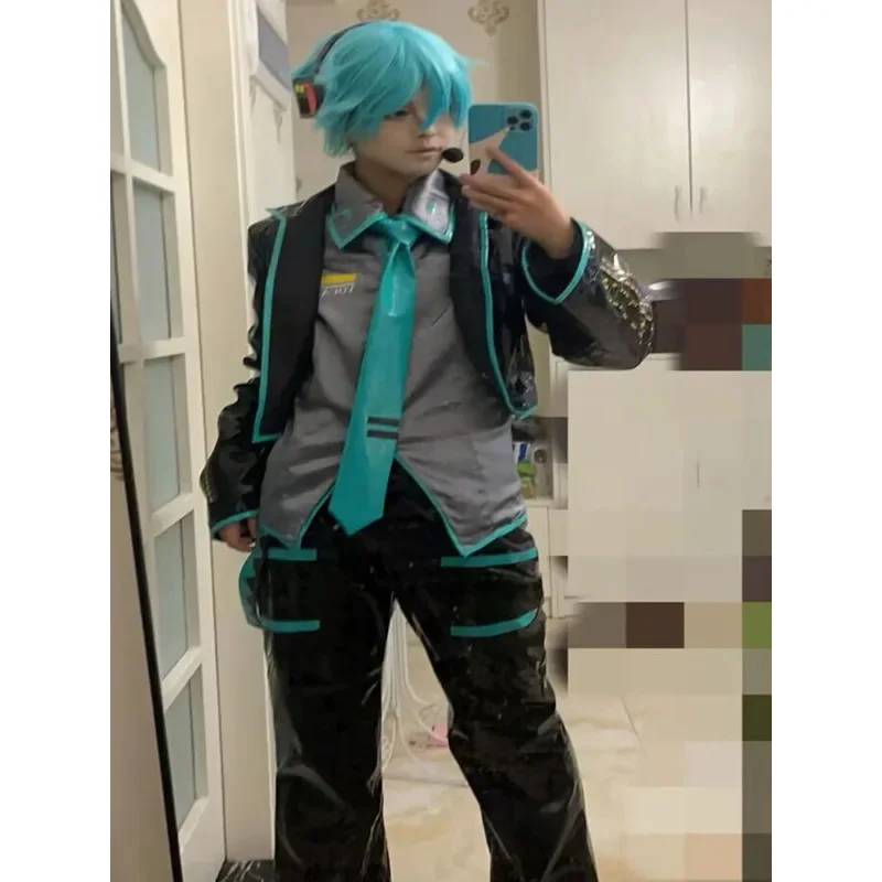 Miku Cosplay Costume Wig Full Set Black Leather Cloth Fabric Suit Mikuo Male Style Uniform Suits Halloween cm;5