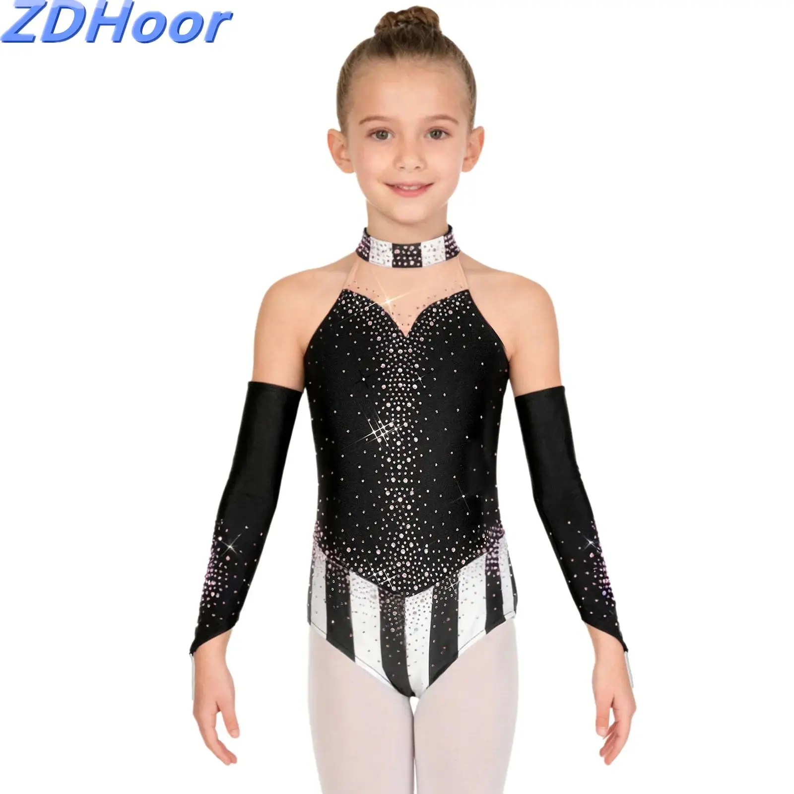 

Kids Girls Patchwork Circus Leotard Design Adorned with Shinny Rhinestones Back Invisible Zipper Jumpsuit And Sleeves