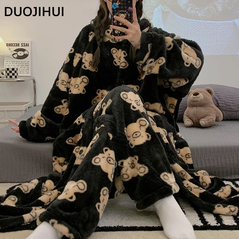 DUOJIHUI Chic Printing Hooded Casual Home Pajamas for Women Winter Flannel Thick Warm Fashion Two Piece Loose Female Pajamas Set