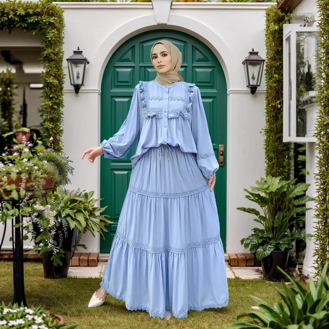 Dubai Long Puff Sleeve Dress Women Laple Shirt and Skirt Set Loose Holiday Beach Maxi Dresses 2025 Summer Chic Lady Islam Outfit