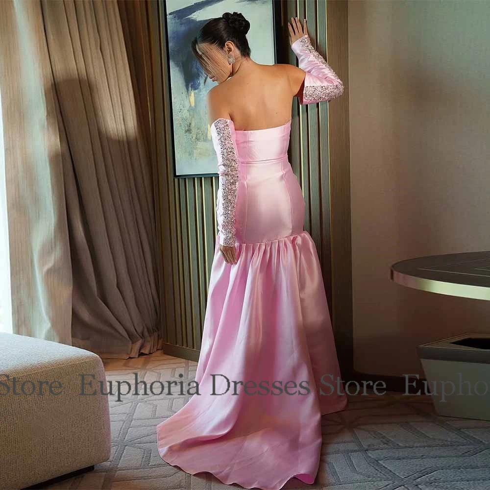2025 دبي فساتين لحضور الحفلات الموسيقية الفاخرة الساتان حورية البحر/البوق فستان العودة للوطن الوردي الحبيب الخرز قفازات فساتين حفلات أعياد الميلاد طويلة