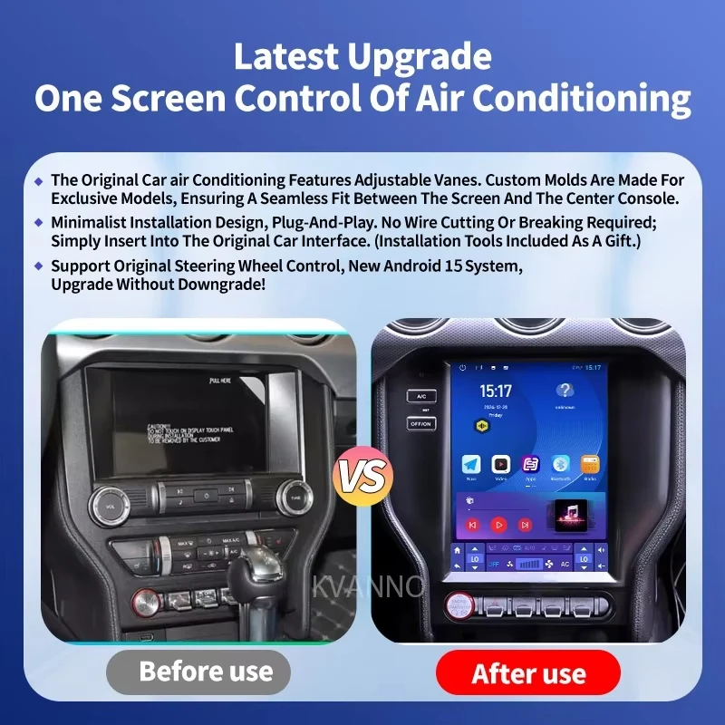 KVANNO Android15 Touchscreen For Ford Mustang 2015-2019 256G Bluetooth Carplay Display Car Stereo Video Player 4G WiFi AutoRadio