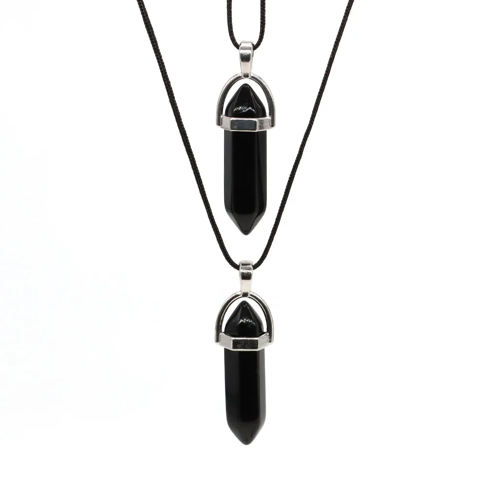 Crystal Hexagonal Column Pendant Natural Stone Black Obsidian Necklaces Chakra Healing Gift Women Men Fashion Jewelry 1PC