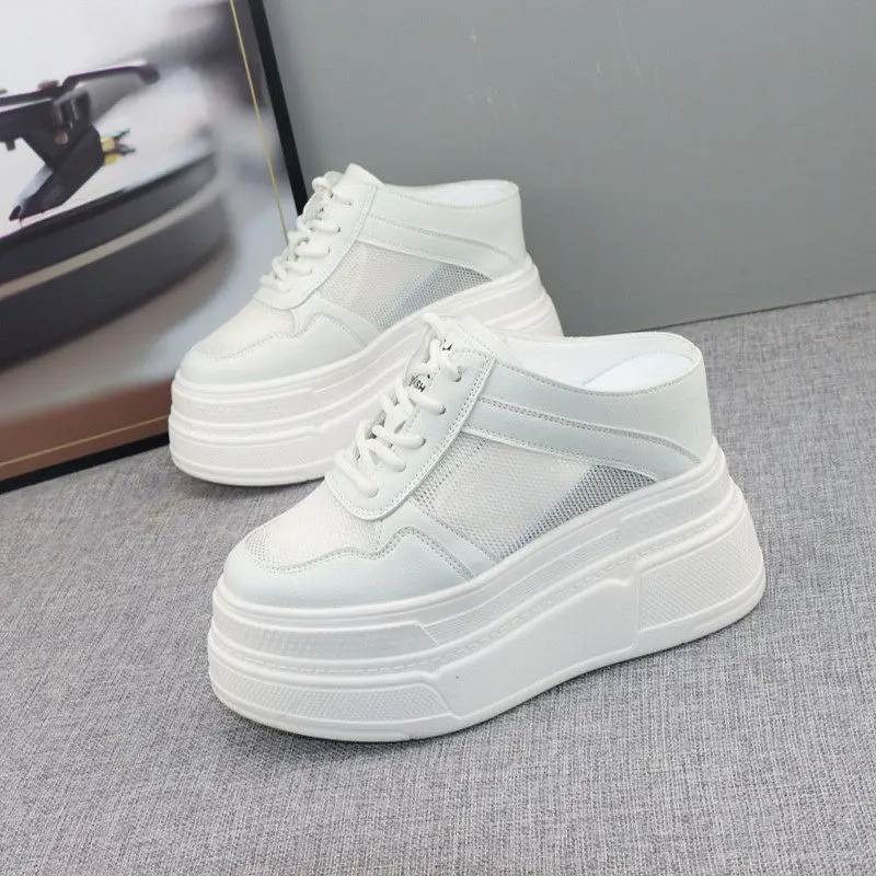 

Women's 12cm Hidden Heel Mesh Peep Toe Mules | 10cm Thick Sole Breathable Sandals | Easy Slip-on Casual Shoes for Petite Girls